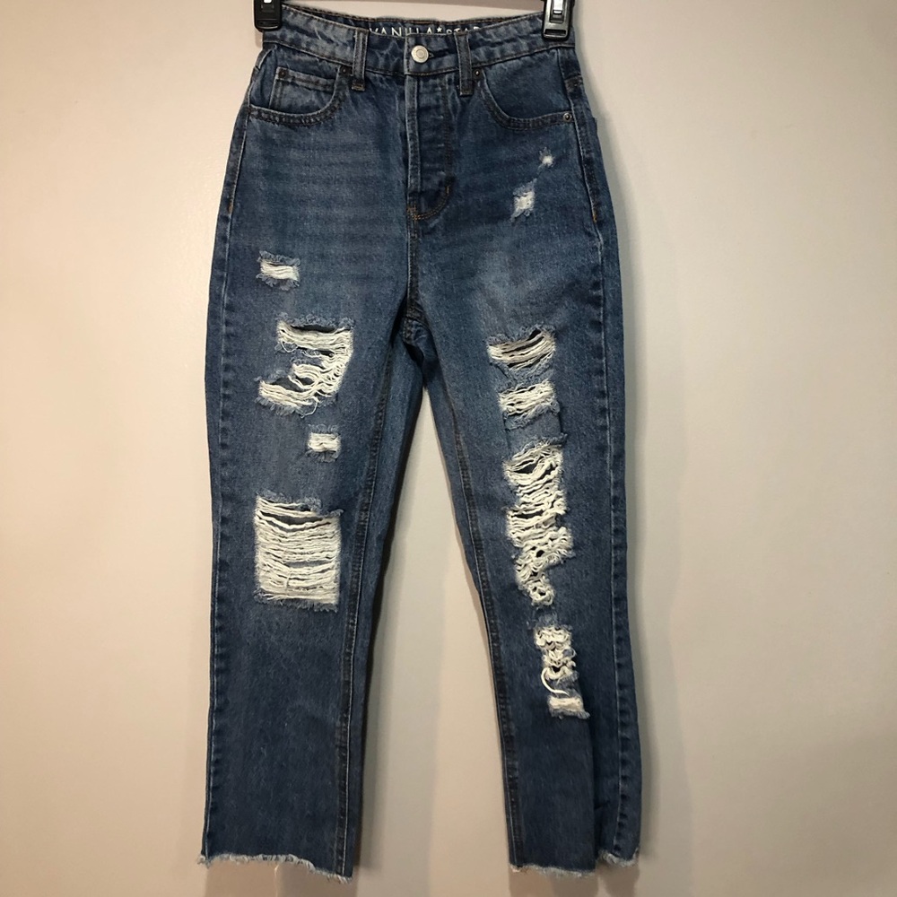 Vanilla Star 90s Boyfriend jeans blue ripped holes high rise straight